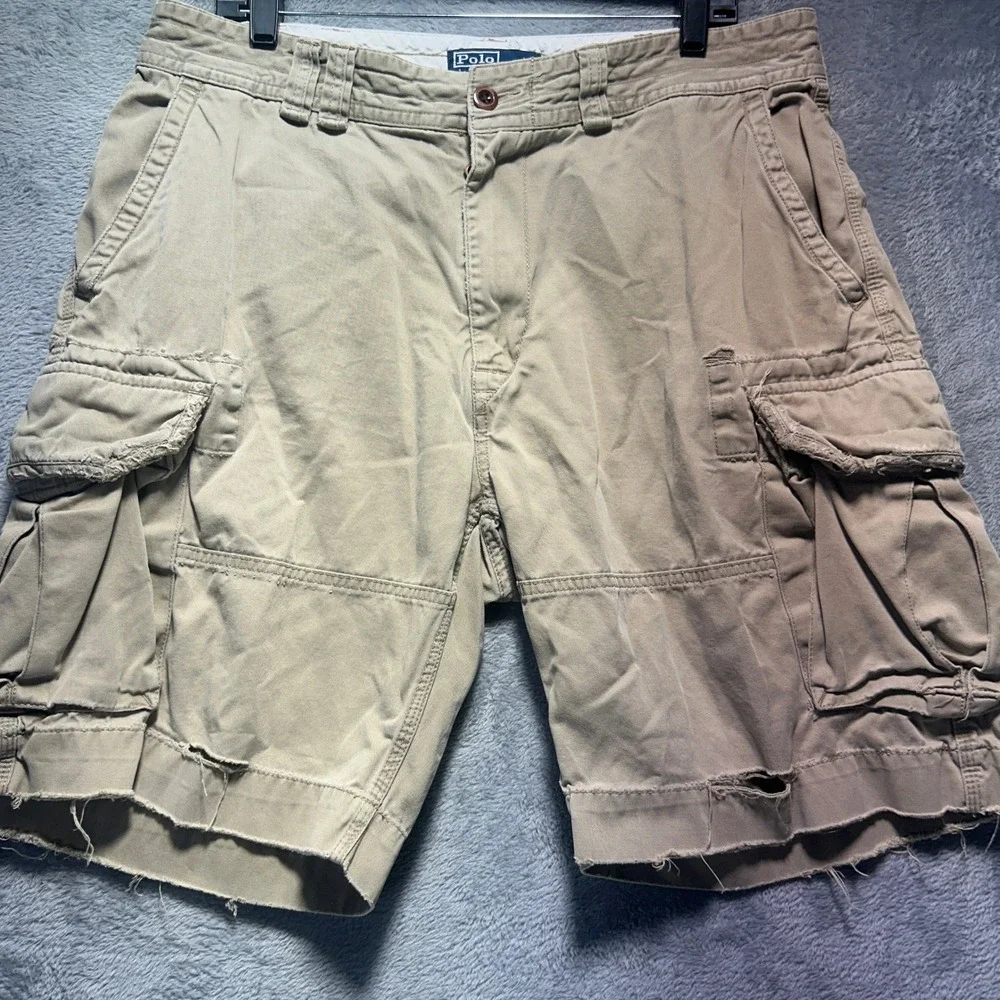 Vintage Polo Ralph Lauren Mens Cargo Shorts Khaki Tan Grunge Sz 36 VTG 6 Pockets